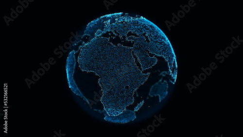 Digital dotted planet earth isolated on a black background fit for layer compositing. Stylized world globe with glowing particle dots. Big data technology, communication, digital concept. 3D render