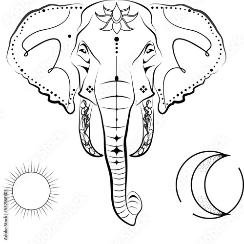 elephant hindu ink tribal tattoo line style set sun and moon illustration in vector format