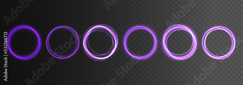 Pink neon ovals or circles for swirl shiny rings light effect. Glow luminous glitter shimmer trail. Curve light effect of purple line. Blurred spiral ring. Bokeh effect. Vector illustration. 
