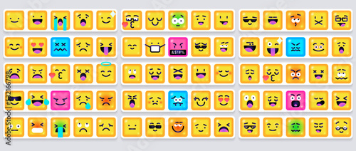 Square Emoticons set. Yellow Emoji faces emoticon smile, digital smiley expression emotion feelings, chat cartoon emotes. Vector illustration icons