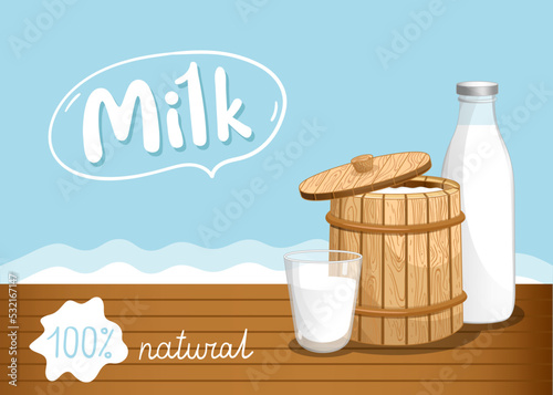 Farmers market banner with dairy products. Natural organic dairy product, fresh and healthy farm food concept. Layout for milk retail advertising or product presentation vector illustration.