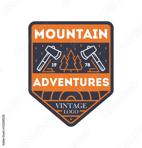 Mountain adventures vintage isolated badge. Outdoor explorer sign, touristic camping label, nature expedition vector illustration