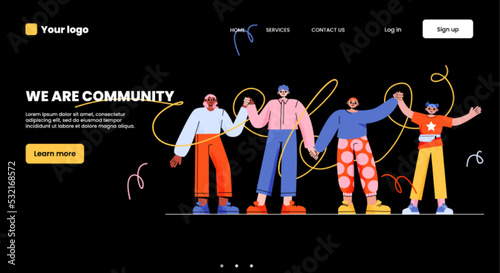 We are community landing page. Happy people holding hands together. Characters group togetherness, happiness, friendship concept with men and women unity Line art flat vector illustration, web banner