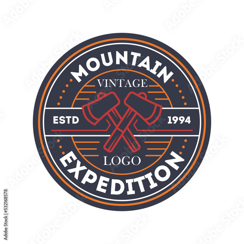 Mountain travel expedition vintage isolated badge. Outdoor explorer sign, touristic camping label, nature hiking vector illustration