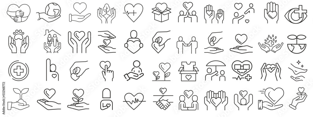Care, support icons set.