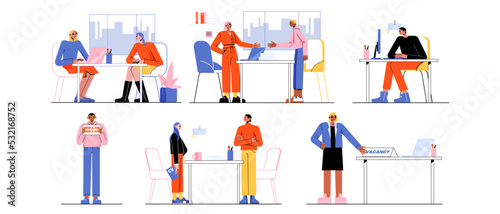 Hr, job interview in office, employee talk with candidates, people searching work. Hiring, employment, recruitment, negotiation with future worker business concept, Line art flat vector illustration