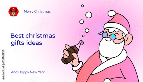 Christmas web banner, with Santa drinking soda. Best crypto gift ideas. Holiday cartoon character, NFT collection, crypto art style