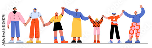 Happy people holding hands together. Senior, adult, young and kids characters group togetherness, happiness, friendship concept with men and women unity stand in row Line art flat vector illustration