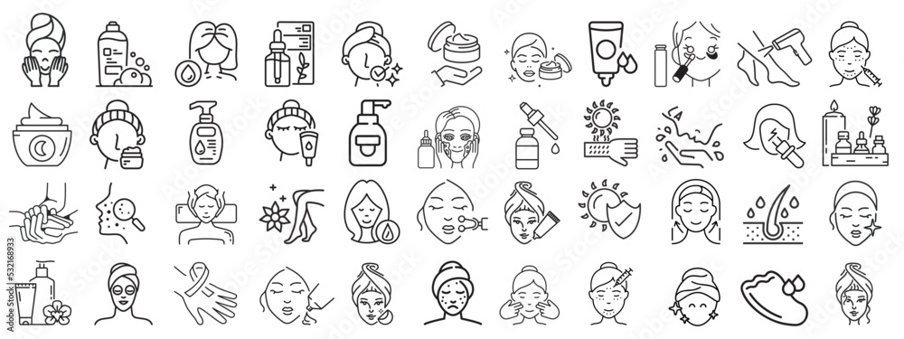 Facial skin care icon set. Vector graphic set.Aesthetic cosmetology line icon
 Icons in flat
