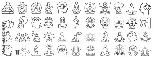 Meditation and spiritual practices icon collection. line icons of meditation bundle set.