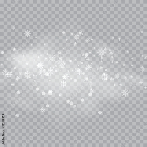 Happy New Year or Christmas card with falling snowflakes on transparent background. Vector