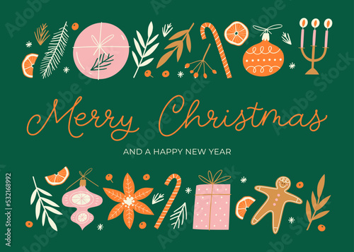 Merry Christmas and Happy New Year Greeting Card template with handwritten calligraphy. Trendy vintage style