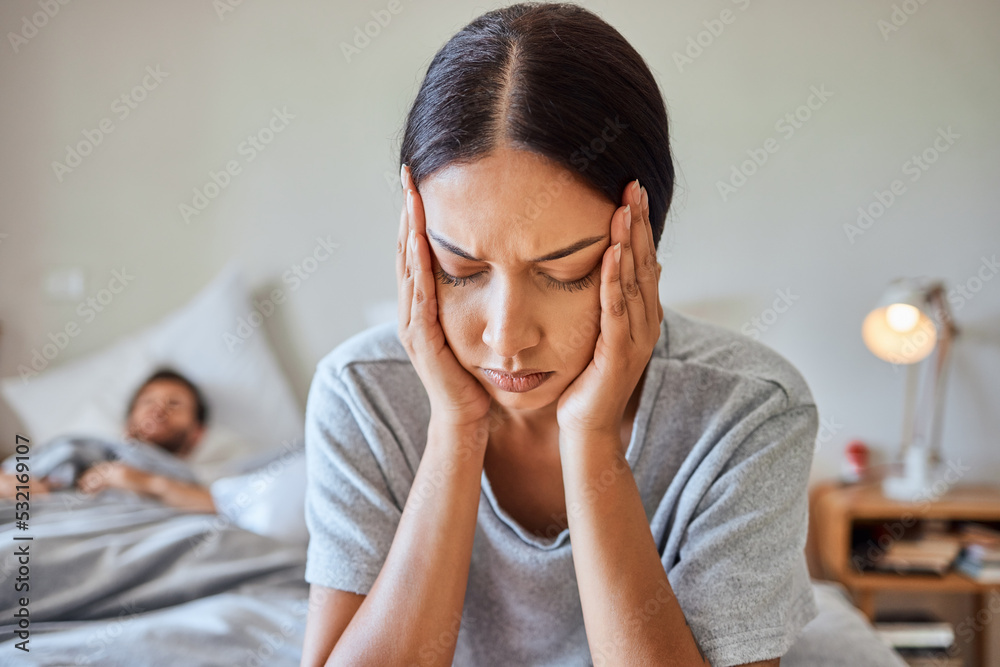 Woman, insomnia or headache pain on bed from stress, burnout or health fatigue problem at night in home bedroom. Indian girl tired, sick and suffering from head migraine, tension or temple injury Woman, insomnia or headache pain on bed from stress, burnout or health fatigue problem at night in home bedroom. Indian girl tired, sick and suffering from head migraine, tension or temple injury