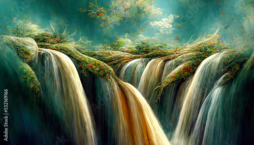 Painted waterfalls, colorful landscape