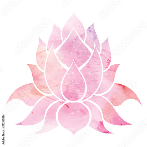 Vector watercolor lotus illustration. Simple silhouette of water lily on pink background with splashes. Mystical picture