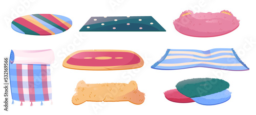 Carpets set, floor rugs for bath, picnic, pets and home interior. Cloth and fluffy mats with striped and tartan pattern, in shape of cat and bone isolated on white background, vector cartoon set