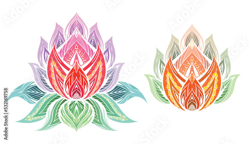 Vector set of colorful sacred lotuses illustration with boho ornament. Collection of violet and orange water lily and green leaves