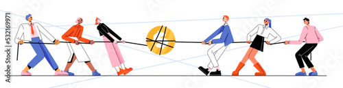 People play in tug of war game for money. Concept of business rivalry, finance conflict, corporate struggle. Vector flat illustration of two teams pulling rope with dollar golden coin