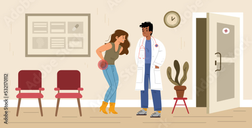 Woman with backache visit doctor in hospital. Diseased female character suffering of back pain, muscular inflammation or injury. Health care, medicine concept. Cartoon linear flat vector illustration