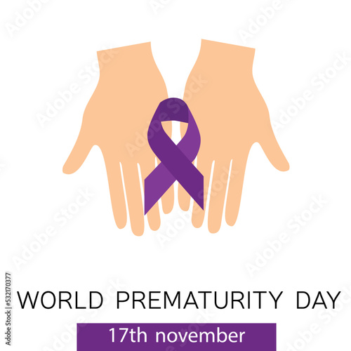World prematurity day, 17 November. Banner with hand and purple ribbon. Vector illustration