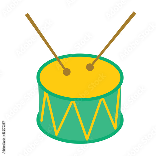 Green drum with drumsticks. Elements for carnival or any party. Vector illustration.