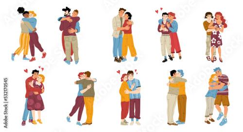 Happy love couples hug. Concept of romantic relationships, homosexual love. Diverse gays, lesbian and heterosexual people embrace isolated on white background, vector flat illustration