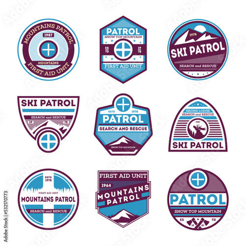 Winter mountains patrol retro isolated label set. Search and rescue badge, ski patrol symbol, first aid unit emblem vector illustration. Adventure outdoor, expedition mountain vintage sign collection