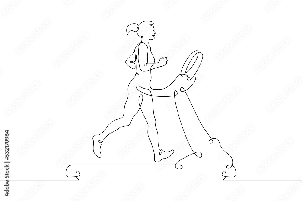 One continuous line.Jogging on a treadmill. Running in the gym. Runner. Woman runs.One continuous line is drawn on a white background.