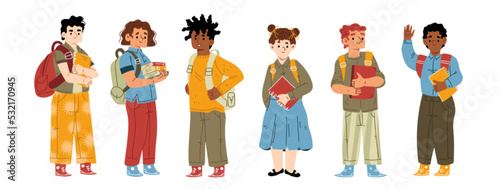Kids students or pupils with backpacks and textbooks. Preteen boys and girls characters stand in row with books. Children education, learning or studying, Back to school Linear cartoon flat vector set