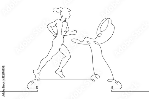 One continuous line.Jogging on a treadmill. Running in the gym. Runner. Woman runs.One continuous line is drawn on a white background.