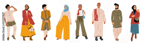 Arab people, young male and female characters wearing traditional dress and headwear. Isolated trendy arabian men and women. Muslim culture and fashion concept. Cartoon linear flat vector illustration