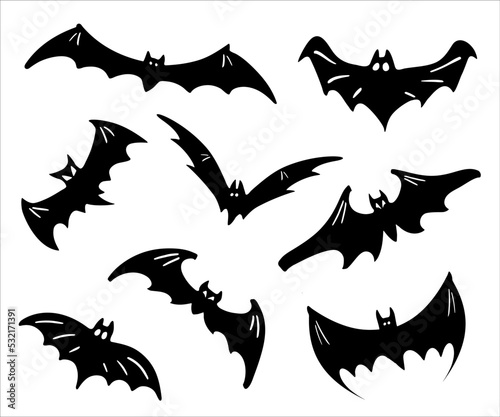 A set of bats. A set of bat silhouettes for Halloween, a Collection of Doodles.