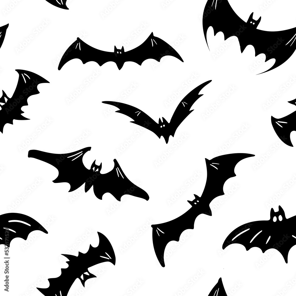 Fototapeta premium Various minimalistic bats isolated on a white background. Seamless vector texture of various flying bat shapes. 