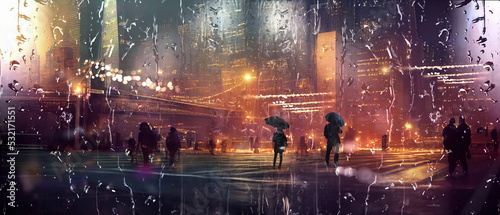 Canvas Print Rainy street  in New York,pedestrian walk with umbrellas night blurred light rai