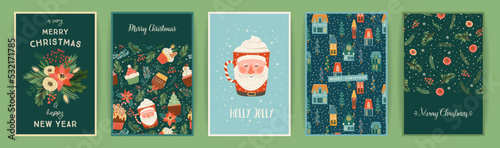 Set of Christmas and Happy New Year cards. Cute bright illustrations witn New Year symbols.. Vector design.