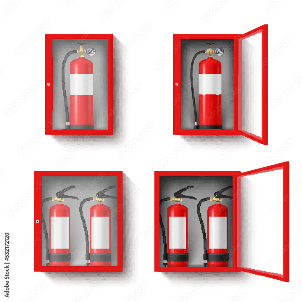 Closed open red box with fire extinguisher set realistic vector safety ...