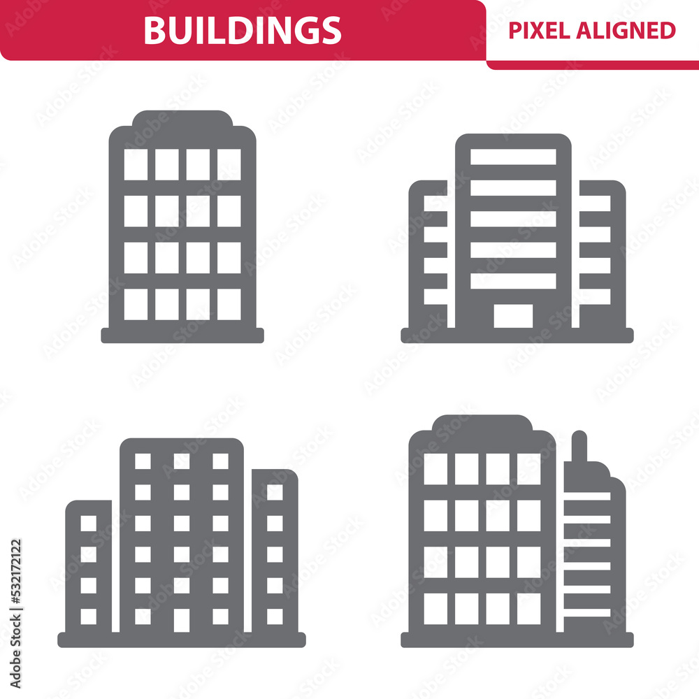 Obraz premium Buildings Icons. Apartment Building, Office Building, Skyscrapers