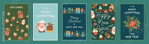 Set of Christmas and Happy New Year cards. Cute bright illustrations witn New Year symbols.. Vector design.