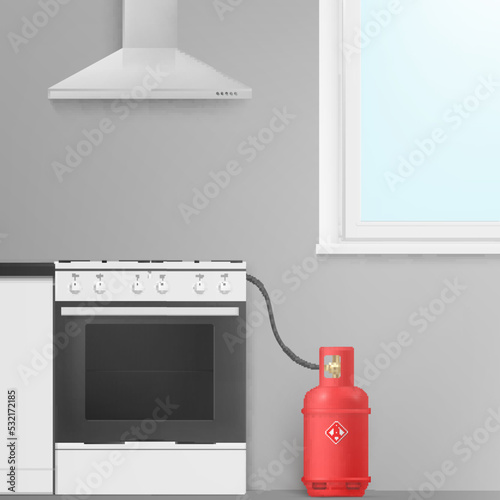 Gas red cylinder connected to stove pipe at kitchen realistic vector container of butane