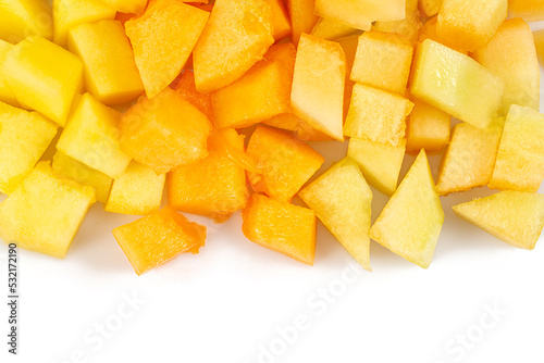 Pieces of melon isolated on white. Cut melon isolated on white background.