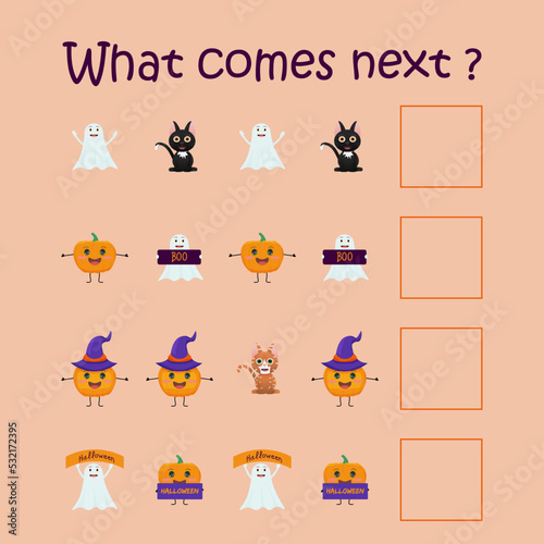 Vector learning game. What comes next   Halloween theme. We need to figure out who will be next. Educational game for kids.   Vector illustration.  A simple Halloween-themed game for kids.