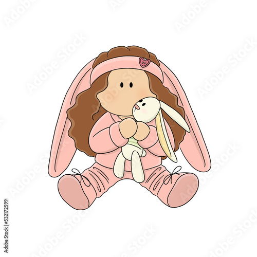 Textile doll brunette girl in pink pajamas-kangaroo with bunny ears. A child holds a soft toy of a white rabbit. Sewn toy. A collectible doll. Interior doll. The doll's drawing is perfect for the avat photo