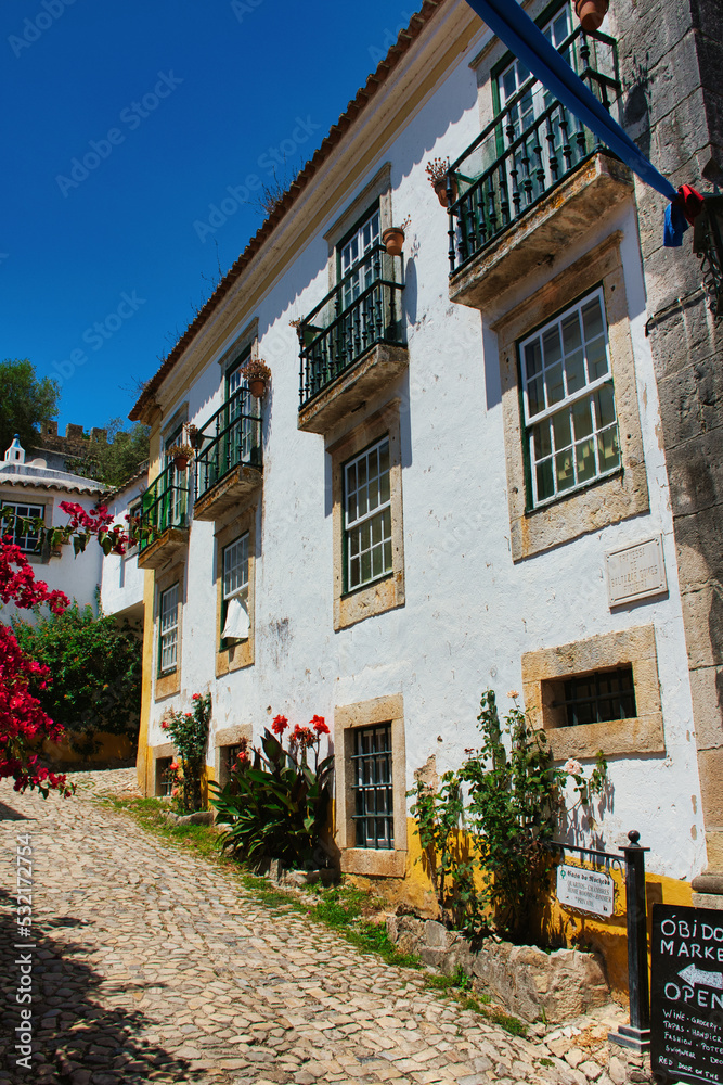 Obraz premium Óbidos is one of the most beautiful and picturesque towns in Portugal, which is surrounded by its impressive walls and dominated by its imposing castle