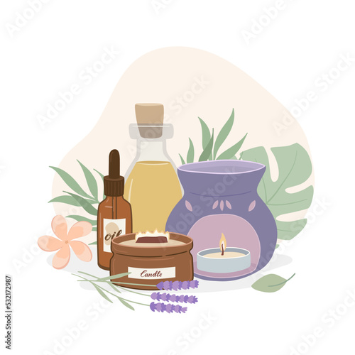 Composition  with aroma lamp, scented candle, essential oil, aromatherapy accessories and herbs on white background. Spa, relaxation and beauty flat vector illustration