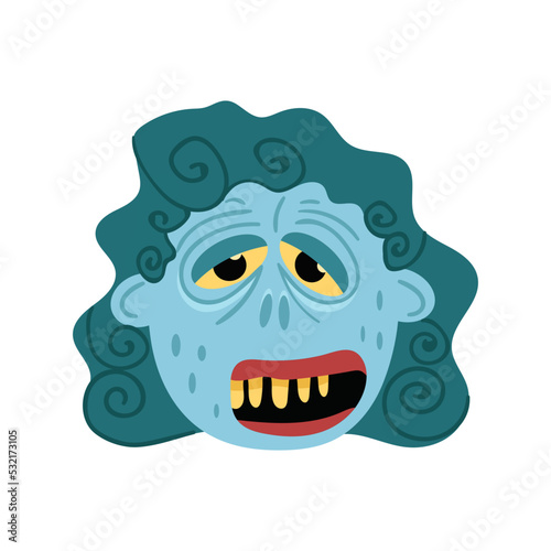 Female zombie monster icon in cartoon style. Halloween undead sign, horror corpse head avatar, zombie character vector illustration