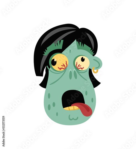 Comic zombie head icon in cartoon style. Halloween undead sign, horror monster avatar, zombie character vector illustration