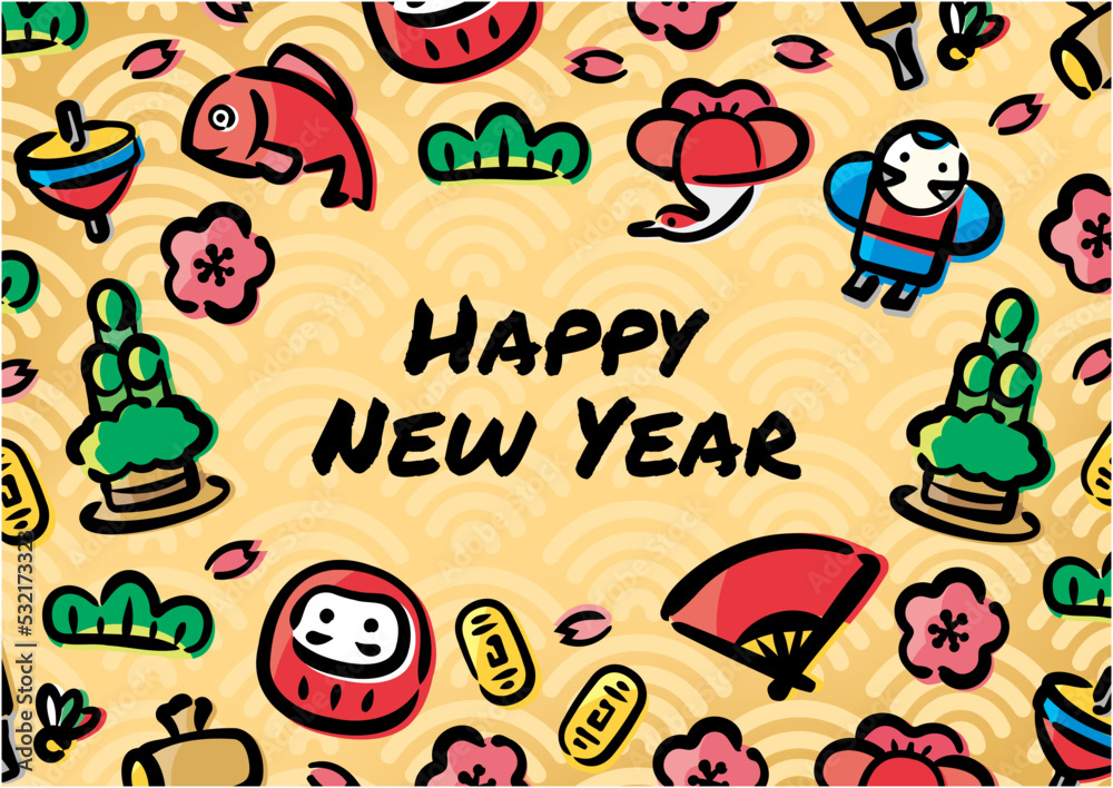 Japanese New Year Illustration for banners, backgrounds, New Year's cards, and various promotions.(A-size horizontal,English version)	