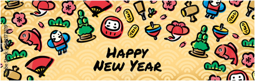 Japanese New Year Illustration for banners, backgrounds, New Year's cards, and various promotions.(Wide banner,English version)