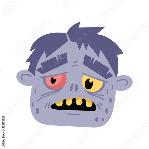 Monster head avatar in cartoon style. Halloween undead sign, scary dead man icon, zombie character vector illustration