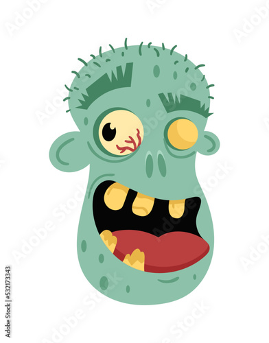 Undead smiling man head avatar in cartoon style. Halloween undead sign, scary dead man icon, zombie character vector illustration